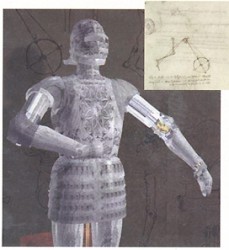 Leonardo planned out the inner workings for a robot -- including the drivetrain for the device's legs (inset) -- that were found in many of his notebooks. More than 400 years later, designers gathered these "napkin sketches" to create computer models of this mechanical man, clad in a suit of German-Italian armor of the Renaissance era, to determine whether such a device would actually work.
